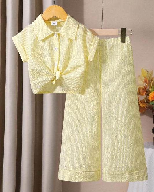 Young Girls Textured Yellow Top & Wide Leg Pants Set | 4Y - 7Y