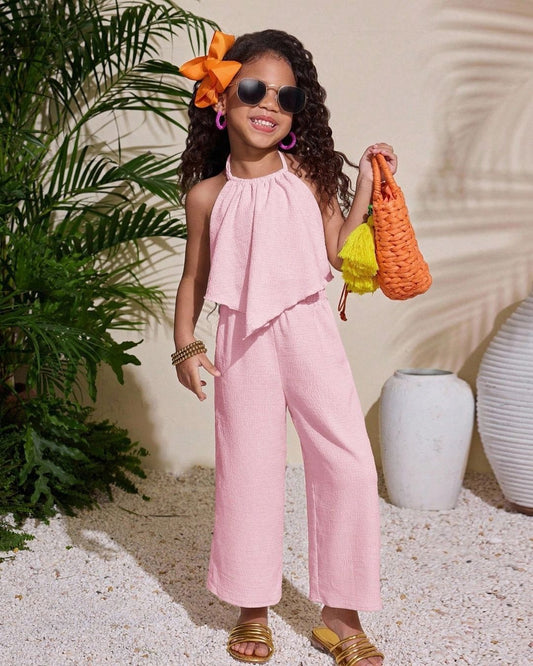 Young Girls Loose Halter Neck Tank Top & Solid Color Pants Set | 4Y - 7Y