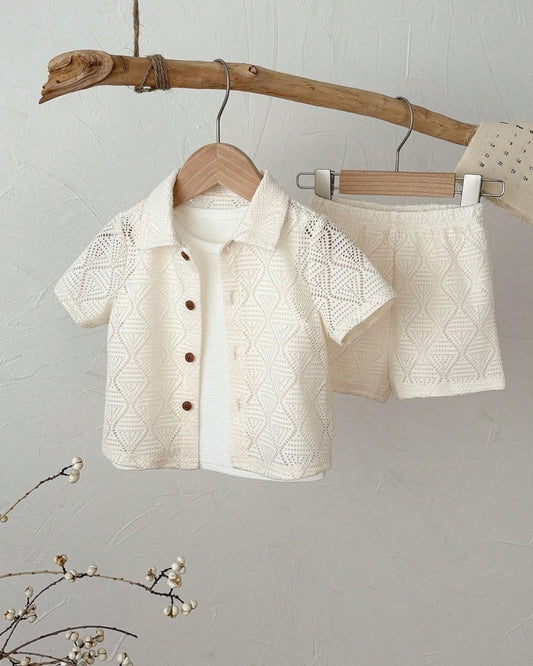 Baby Boys White Textured Shirt & Shorts Set | 6M - 3Y