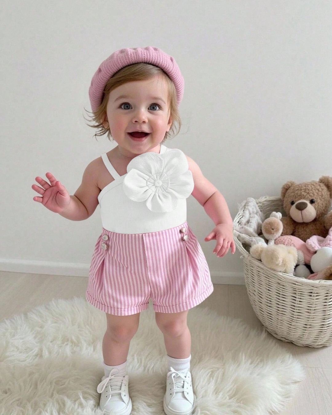 Baby Girls Flower Applique Sleeveless Top & Pink Striped Shorts Sets | 3M - 3Y