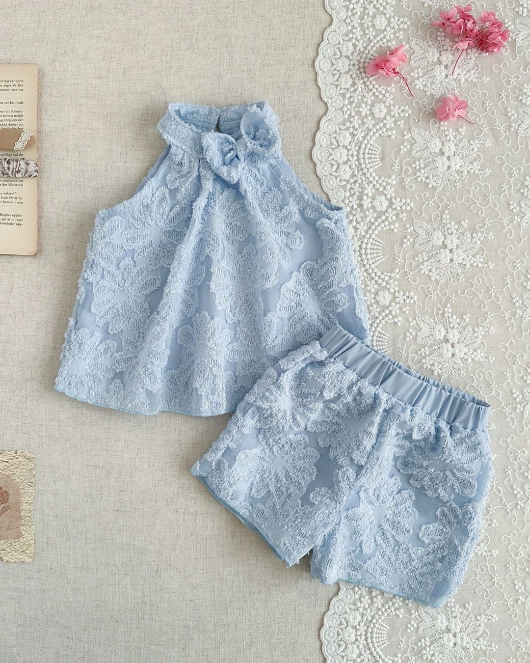 Baby Girls Blue Lace Textured Sleeveless Top & Shorts Set | 3M - 3Y