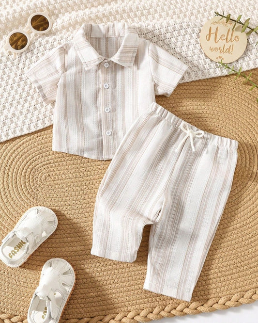 BB Newborn Casual Striped Short Sleeve Shirt & Elastic Waist Pants Set