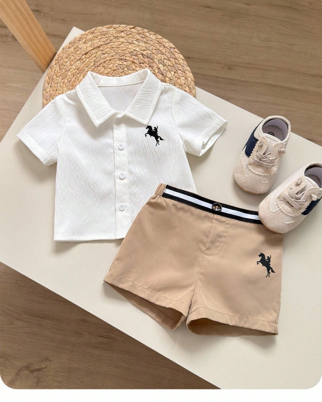 BB Newborn Versatile Urban White Short Sleeve Shirt & Elastic Waist Khaki Shorts Set