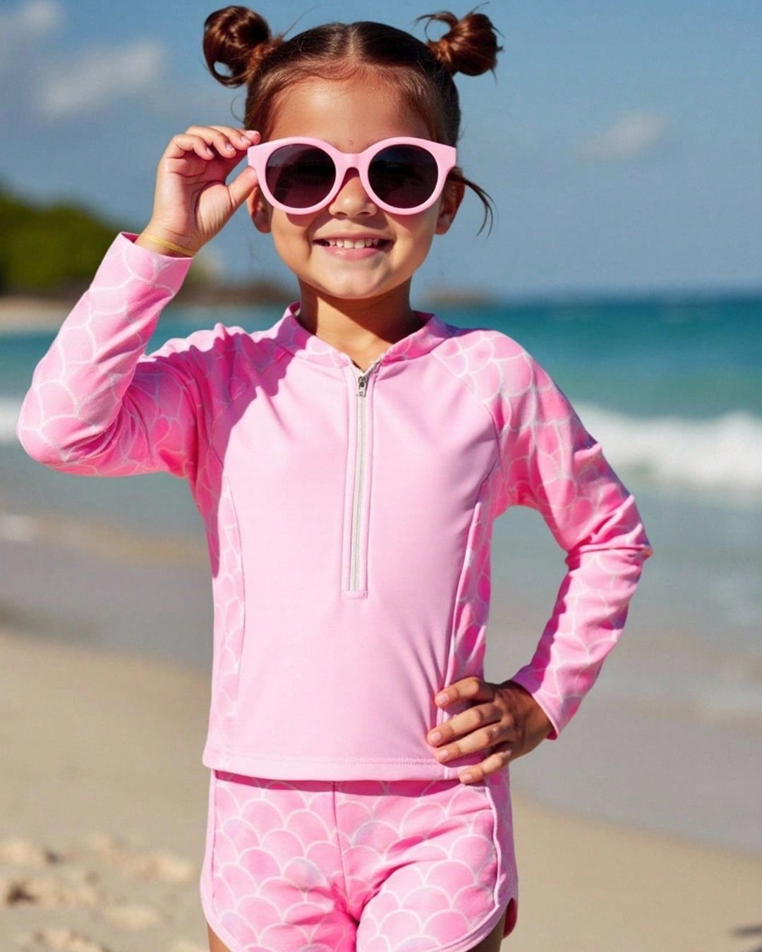 Young Girls Long Sleeve Mermaid Fish Scale Printed Top & Swim Shorts Set | 4Y - 7Y
