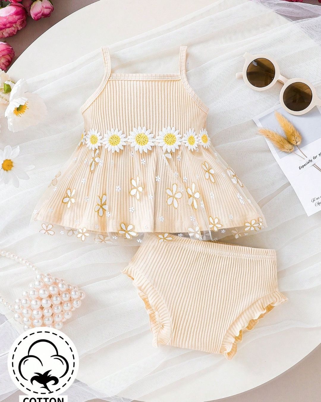 BB Newborn Daisy Embroidered Woven Strap Tank Top & Shorts Set