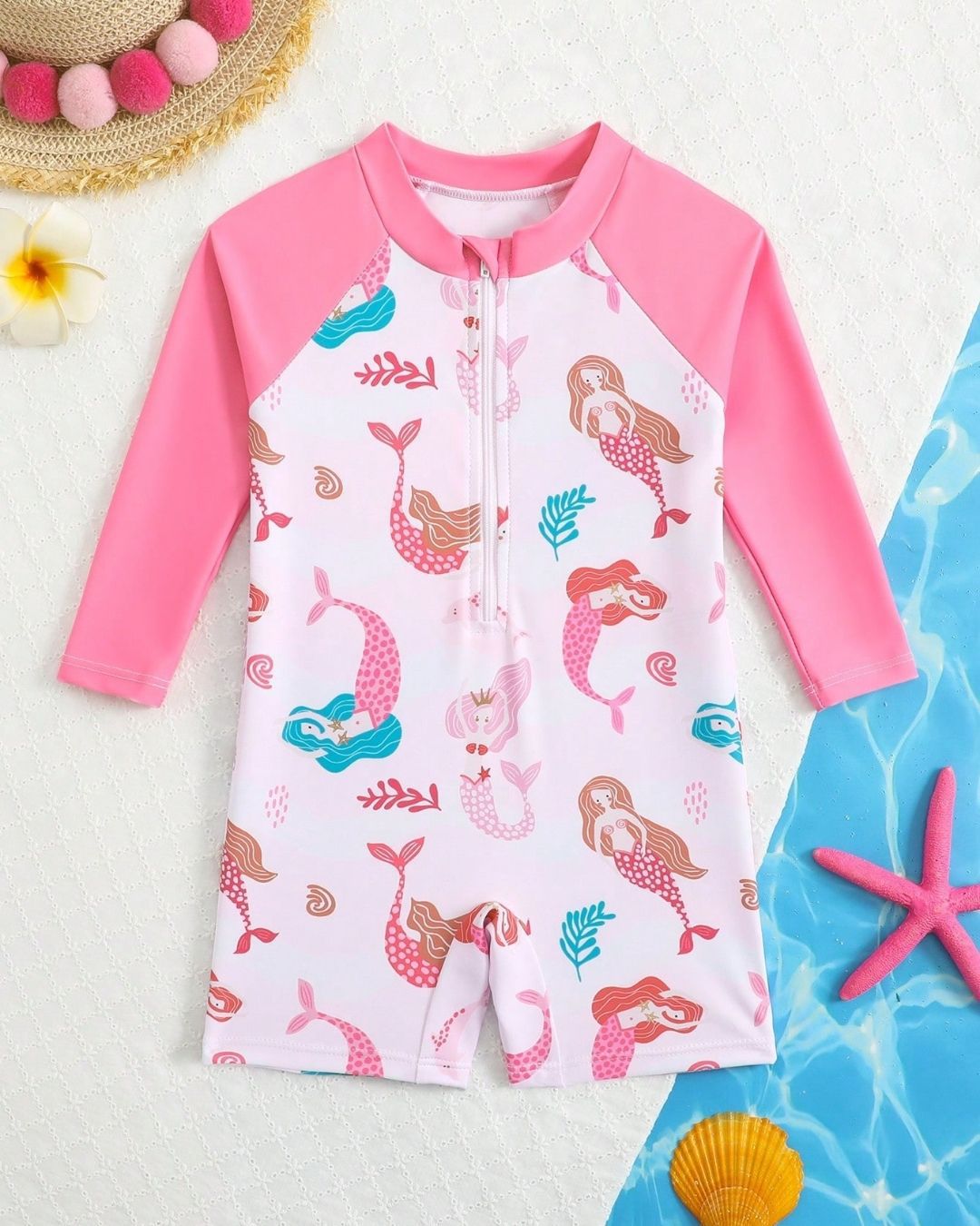 Baby Girls Cartoon Mermaid Printed One-Piece Swimsuit | 6M - 3Y