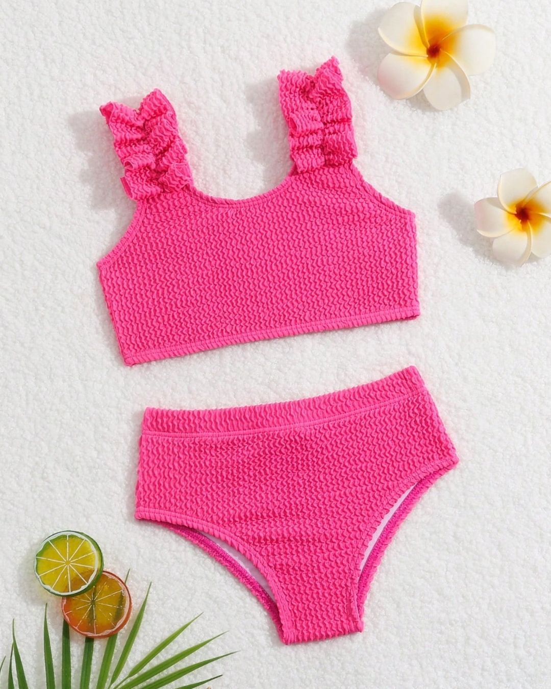 Baby Girls Hot Pink Ribbed Fabric Flouncing Edges Bikini Set | 6M - 3Y