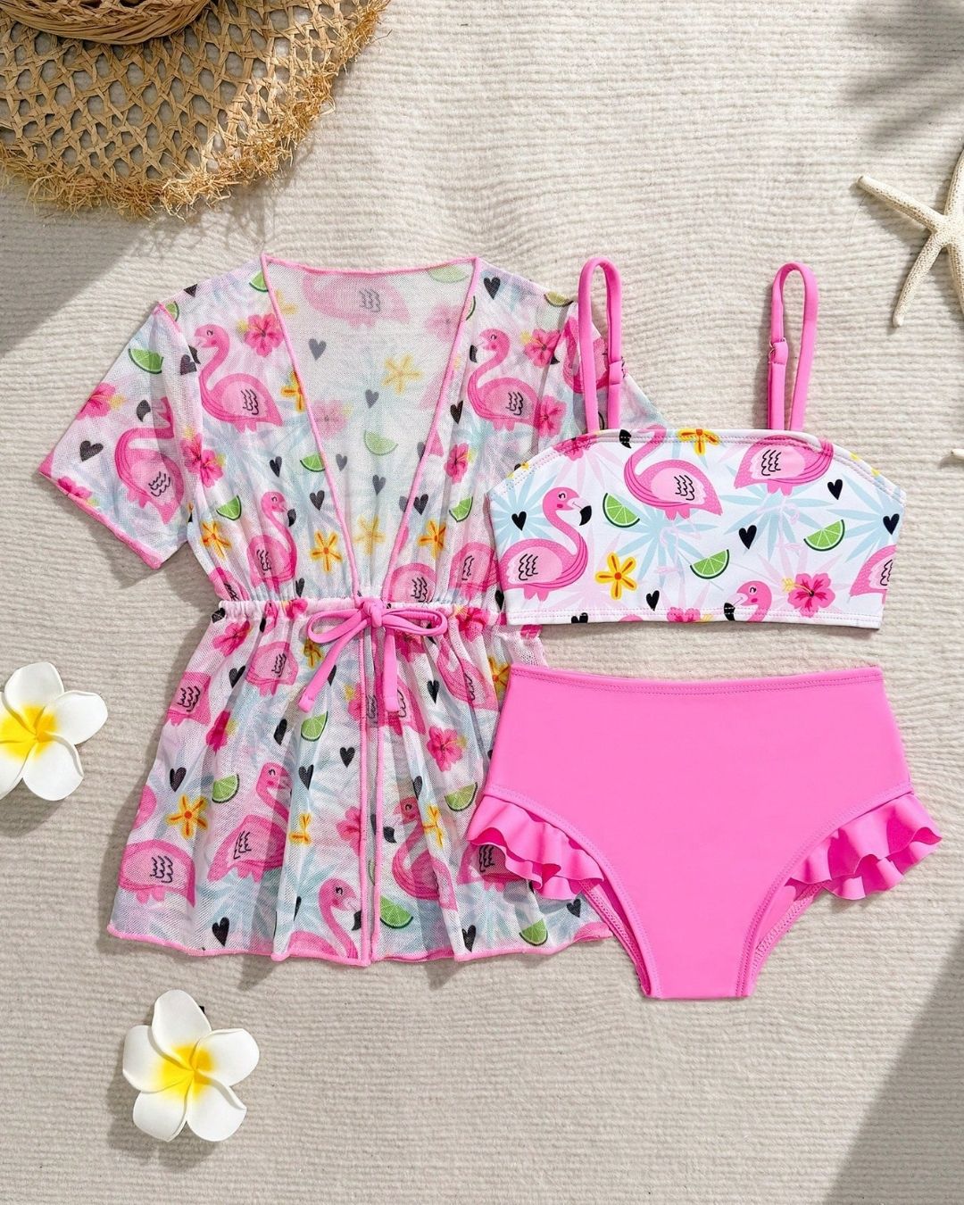 Baby Girls Flamingo Patterned Swimsuit Set With Coverup | 6M - 3Y