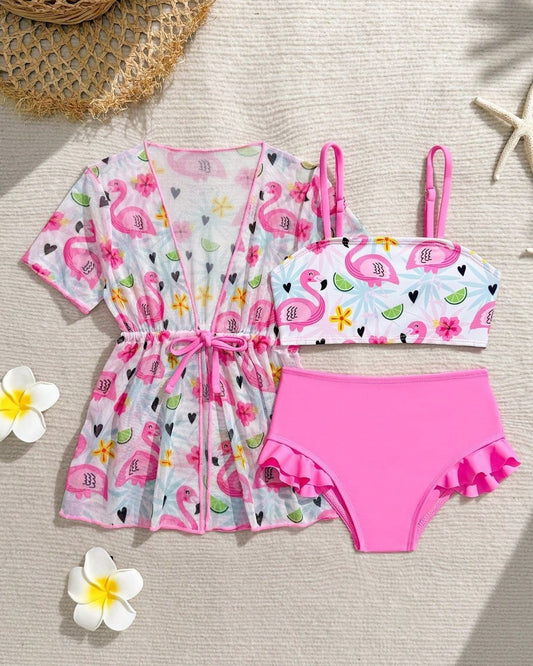 Baby Girls Flamingo Patterned Swimsuit Set With Coverup | 6M - 3Y