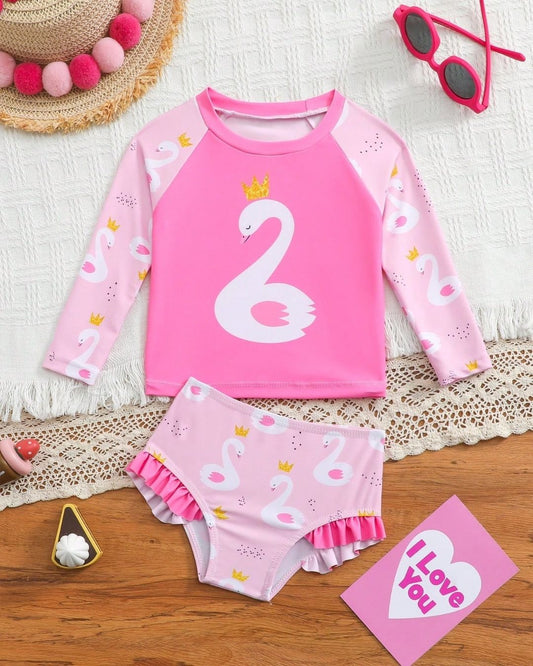 Baby Girls Pastel Color Round Neck Long Sleeve Swim Top & Shorts Set | 6M -3Y