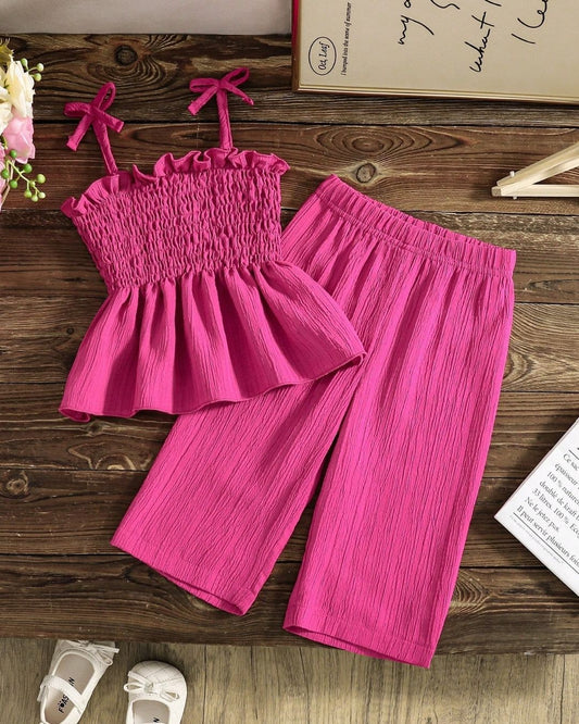 Baby Girls Solid Color Bow Tie Straps Smocked Tank Top & Wide Leg Pants Set | 6M - 3Y