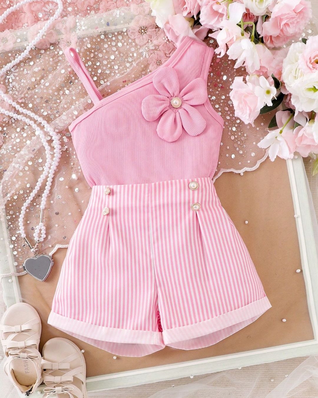 Young Girls Flower Decorated Top & Striped Shorts Set | 4Y - 7Y