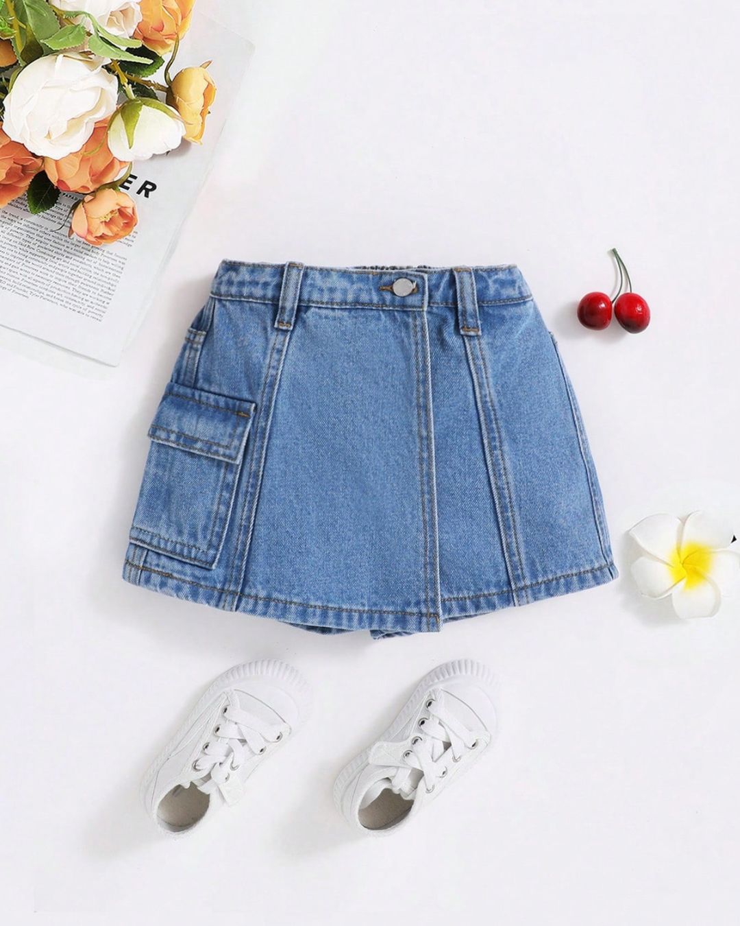 Young Girls Multi-Pocket Washed Denim Skort | 4Y - 7Y