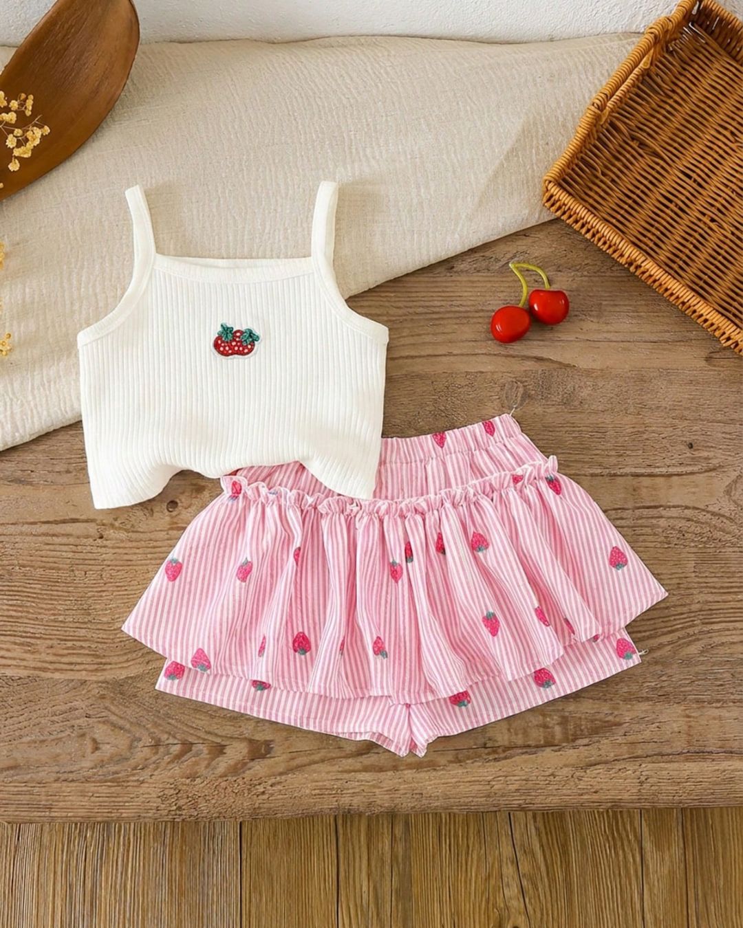 Baby Girls Strawberry Embroidery Tank Top & Shorts Set | 6M - 3Y