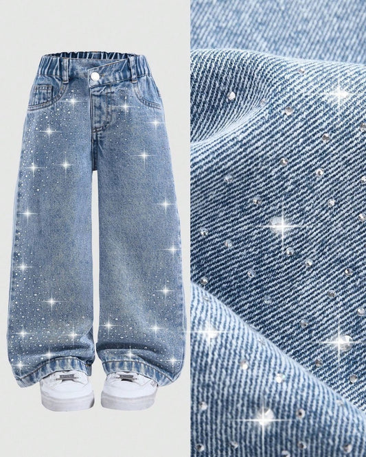 Young Girls Y2K Rhinestone Embellished Light Blue Denim | 4Y - 7Y
