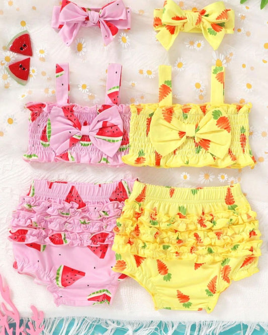 Newborn/Baby Girls Camisole Top Paired With Multi-Layer Ruffle Elastic Waist Shorts & Headband | 1M - 9M