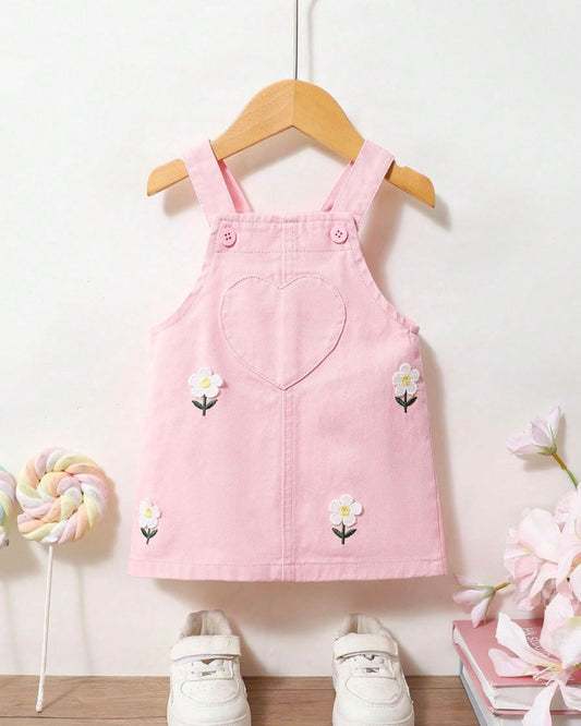 Baby Girls Overalls Floral Washed Pinafore Denim Dress | 6M - 3Y