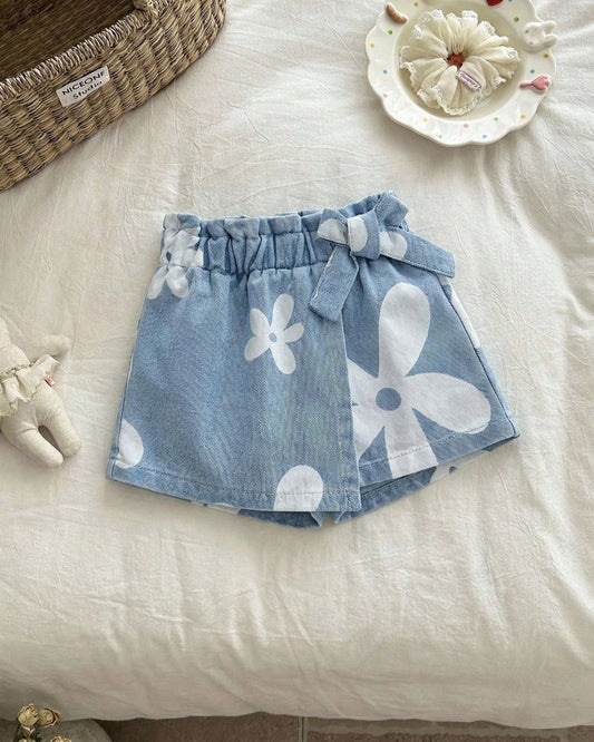 Baby Girls White Floral Printed Side Bow Tie Light Blue Denim Skirt | 6M - 3Y