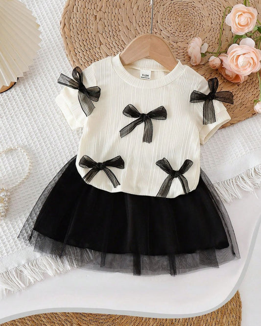 Baby Girls Bow Decor Ruffle Sleeve Top & Elastic Waist Black Mesh Skirt Set | 3M - 3Y