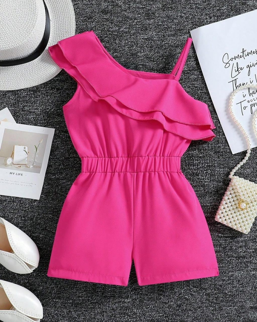 Young Girls Ruffle Edge Asymmetric Collar Romper | 3Y - 7Y