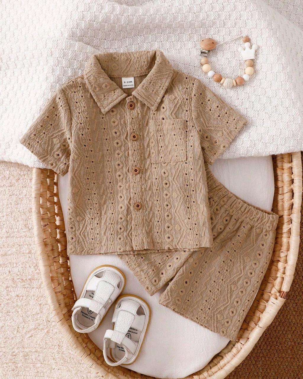 Baby Boys Casual Jacquard Texture Button Pocket Collar Shirt & Elastic Waist Pleated Shorts Set |  6M - 3Y