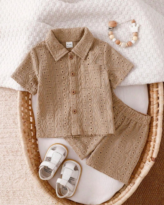 Baby Boys Casual Jacquard Texture Button Pocket Collar Shirt & Elastic Waist Pleated Shorts Set |  6M - 3Y