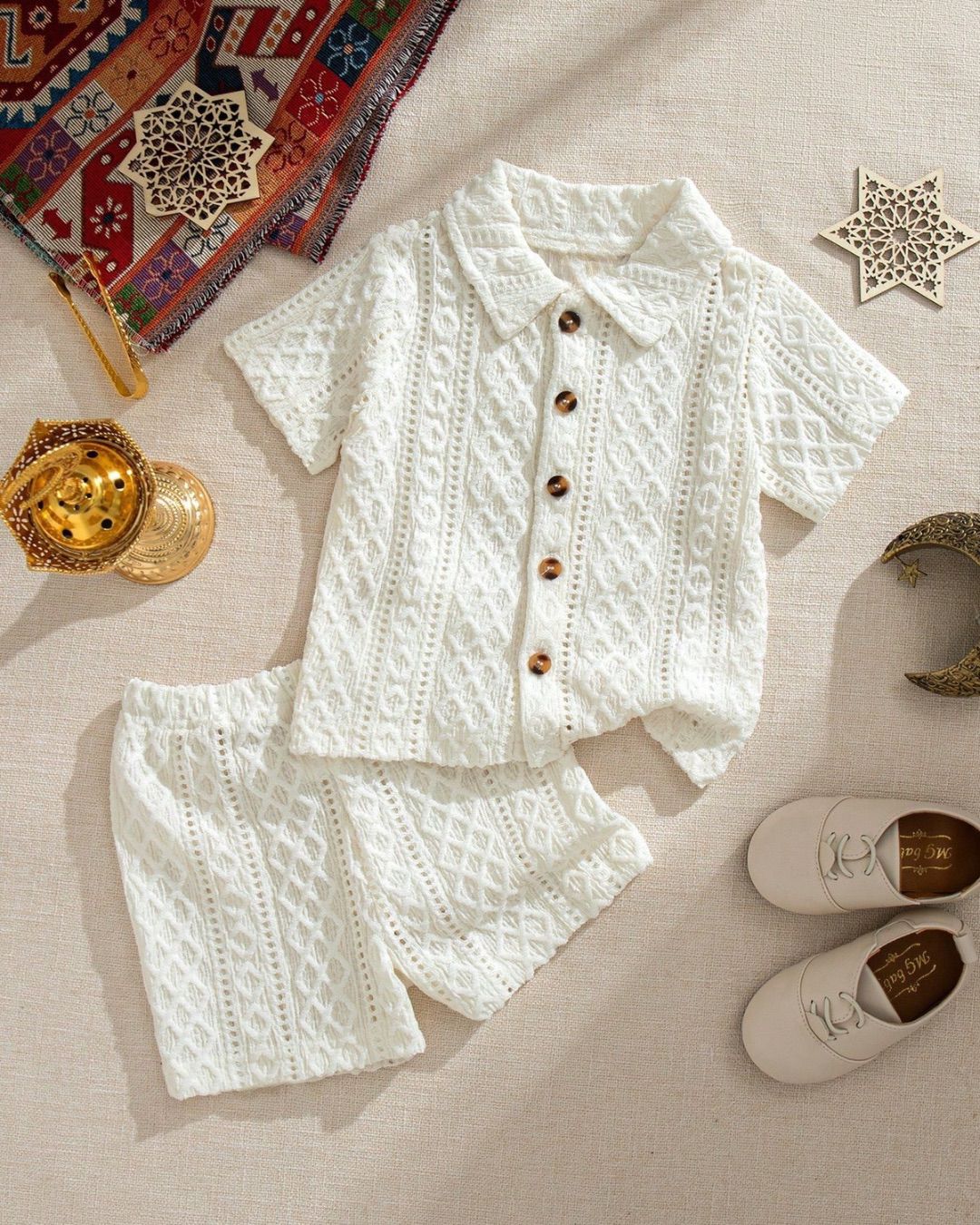 Baby Boys Textured Apricot Short Sleeve Shirt & Shorts Set | 3M - 3Y