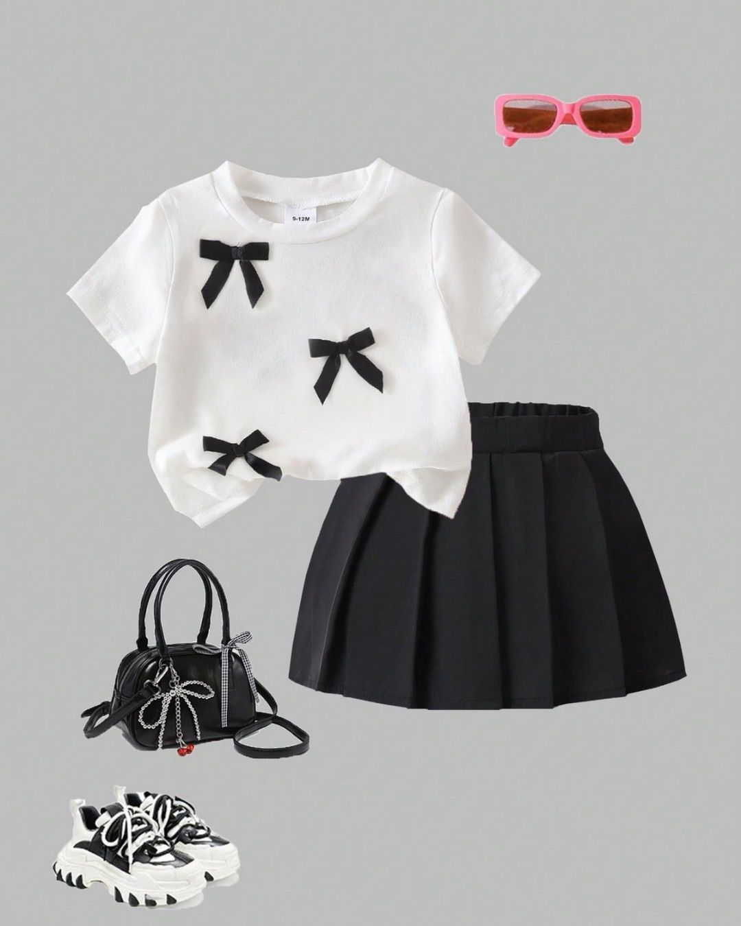 Baby Girls Bow Round Neck T-Shirt & Casual Pleated Skirt Set | 6M - 3Y