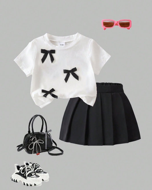 Baby Girls Bow Round Neck T-Shirt & Casual Pleated Skirt Set | 6M - 3Y