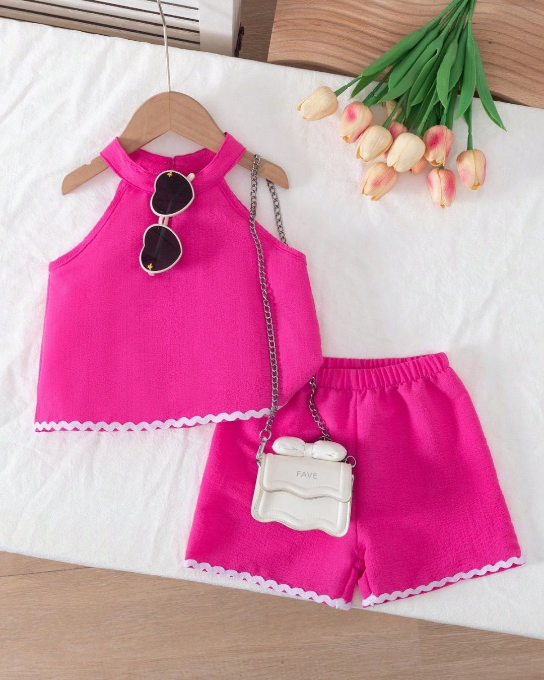 Young Girls Solid Color Hem Sleeveless Top & Casual Shorts Set | 4Y - 7Y
