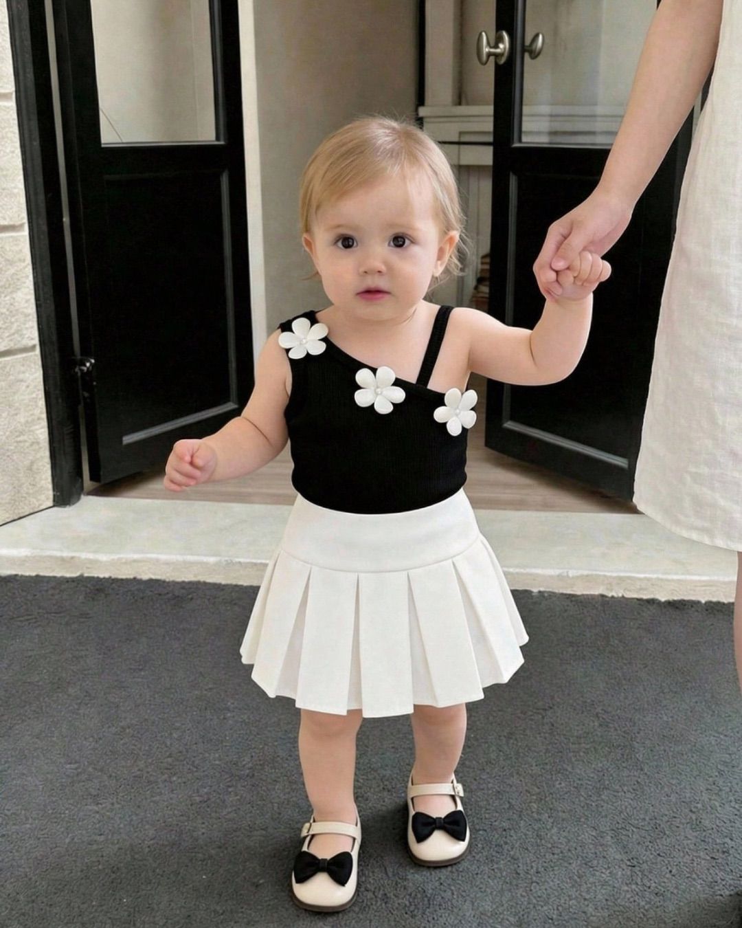Baby Girls White Flower Embellishment Rib-Knit Camisole Top & Skirts Set | 6M - 3Y