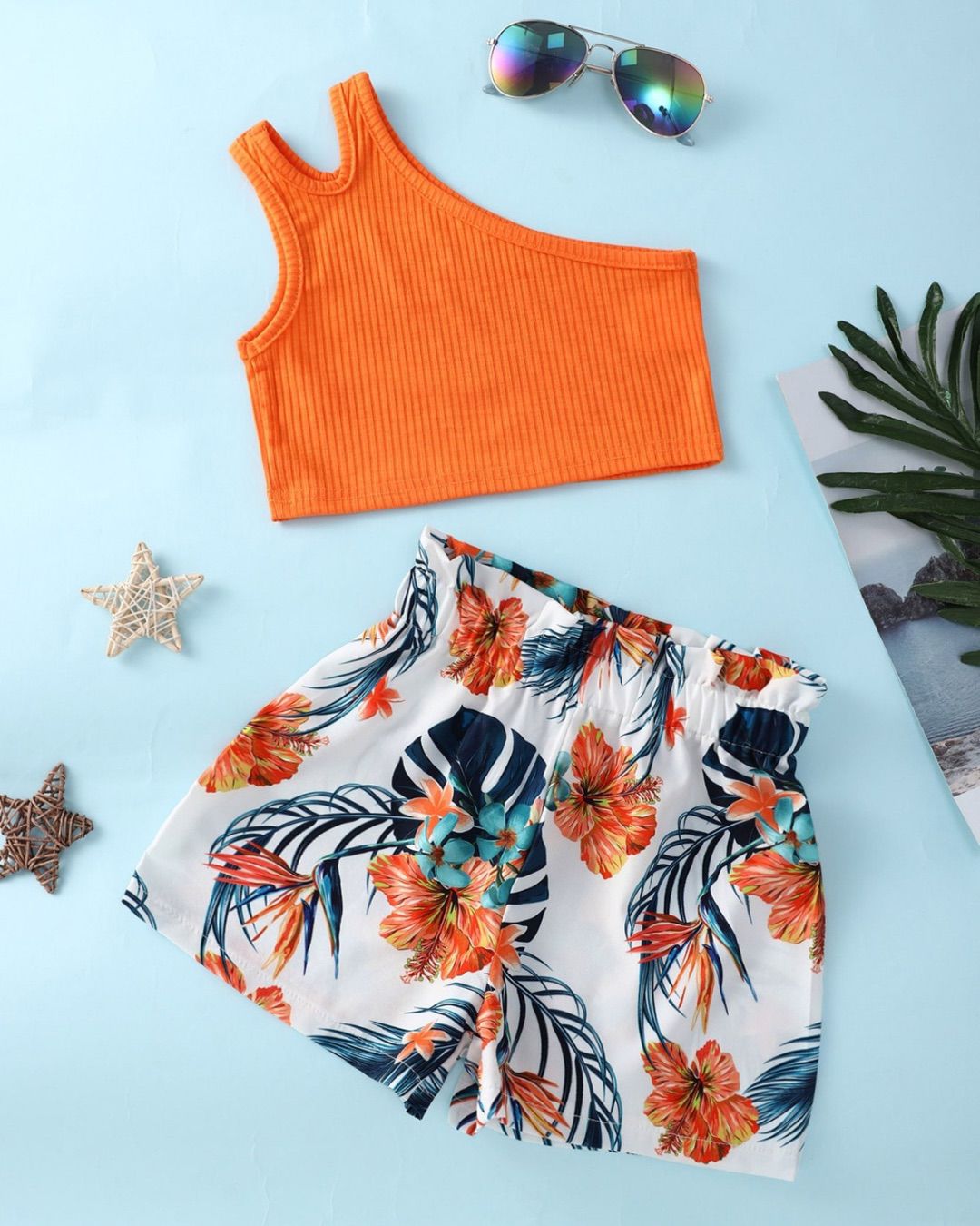 Baby/Young Girls One Shoulder Cut Out Top & Tropical Print Shorts set | 1Y - 7Y