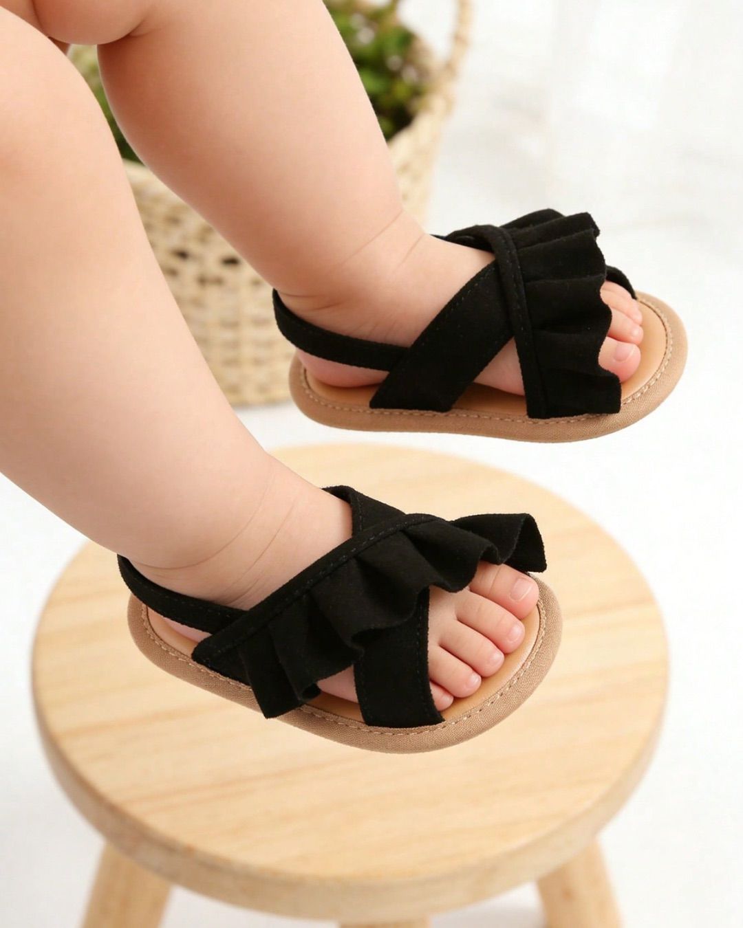 BB Black Velvet Ruffle Soft Sandals