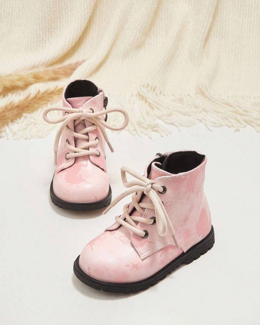 BB Light Pink PU Leather Lace-up Ankle Boots