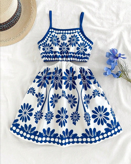 Young Girls White & Blue Floral Strap Vacation Mini Dress | 4Y - 7Y