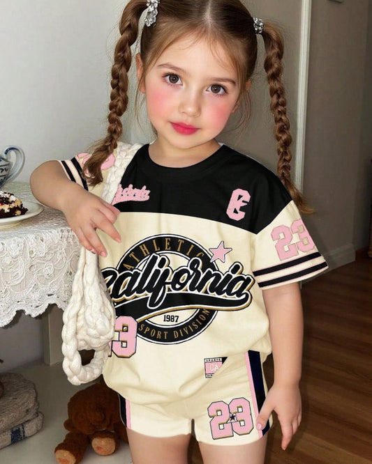 Baby Girls Casual Loose Fit CALIFORNIA & 23 Tee & Cycling Shorts Set | 6M - 3Y