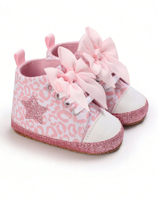 BB Pink Leopard Print Sequined Star & Bow Design Shoes