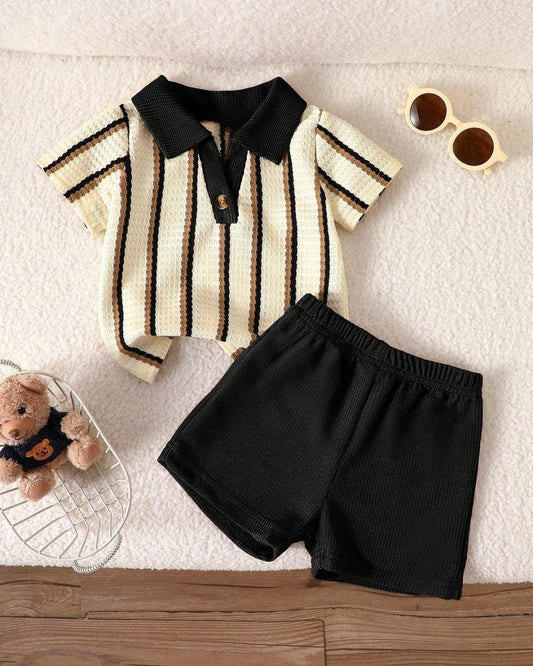 Baby Boys Black & Khaki Striped V-Neck Short Sleeve Top & Solid Color Shorts Set | 6M - 3Y