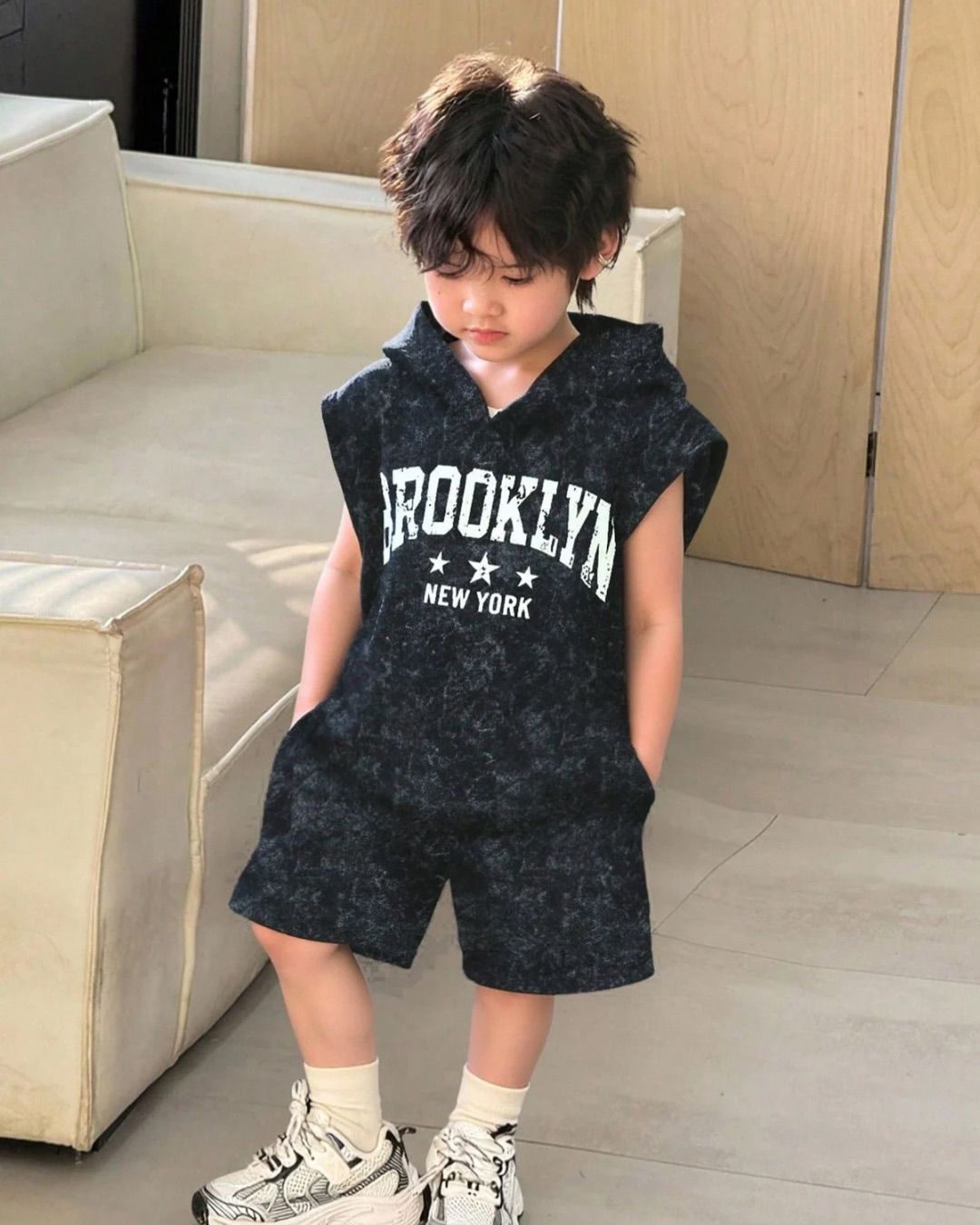 Baby Boys Casual Street Fashion Letter Graphic Hoodie Sleeveless Tank Top & Shorts Set | 6M - 3Y