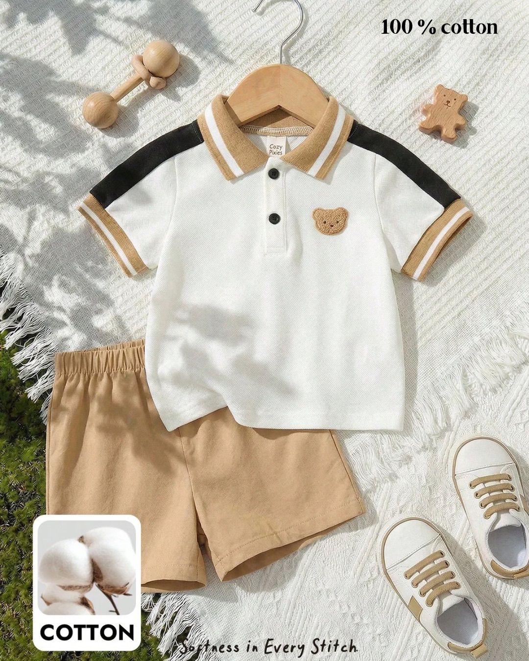 Baby Boys Cartoon Bear Face Embroidered Collar Short Sleeve Top & Solid Color Shorts Set | 6M - 3Y
