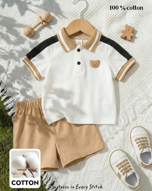 Baby Boys Cartoon Bear Face Embroidered Collar Short Sleeve Top & Solid Color Shorts Set | 6M - 3Y
