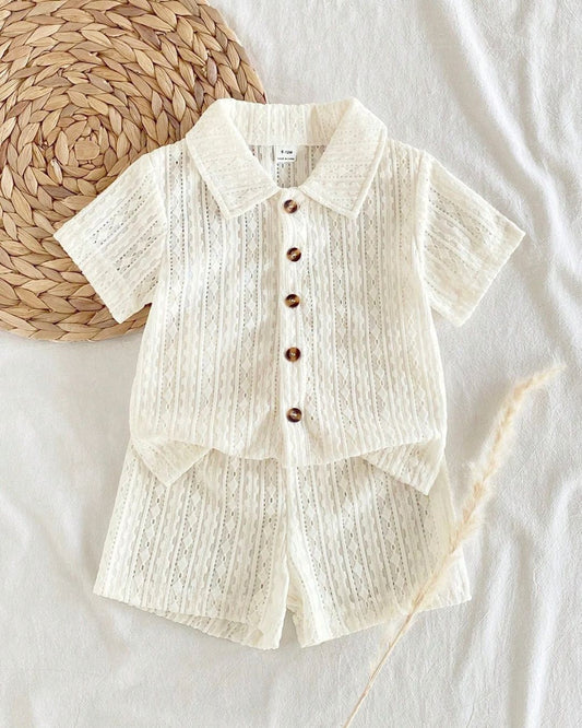 Baby Boys Textured Apricot Short Sleeve Shirt & Shorts Set | 3M - 3Y
