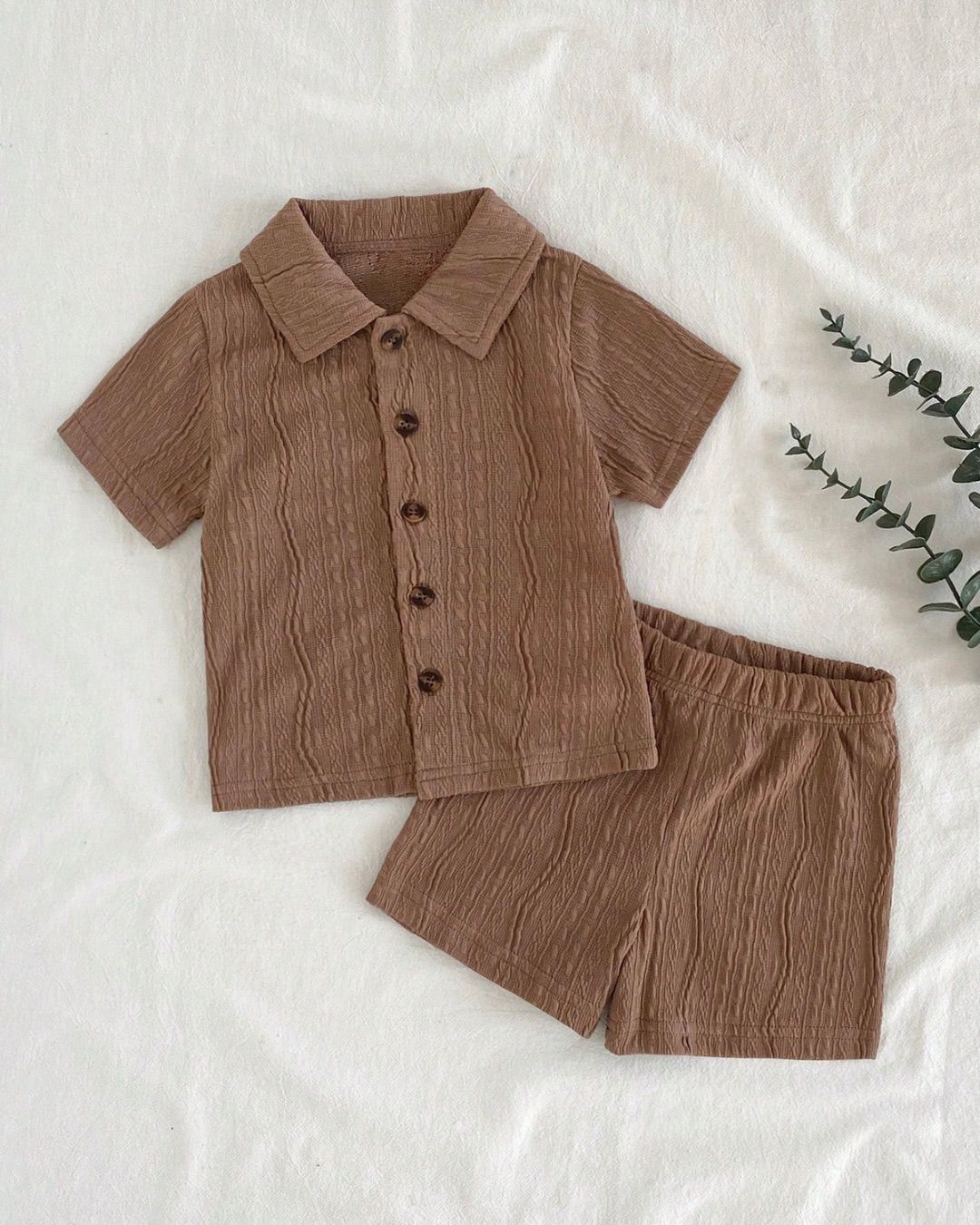 Baby Boys Brown Color Textured Collared Shirt & Shorts Set | 3M - 3Y