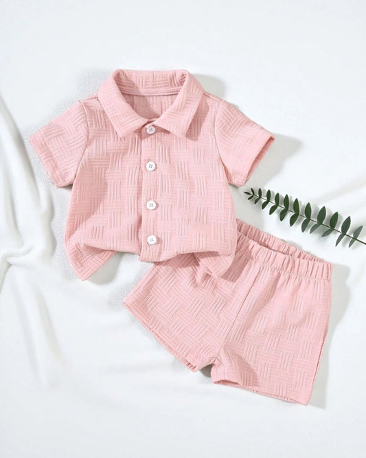 Baby Boys Pink Color Textured Button-up Shirt & Shorts Set | 3M - 3Y