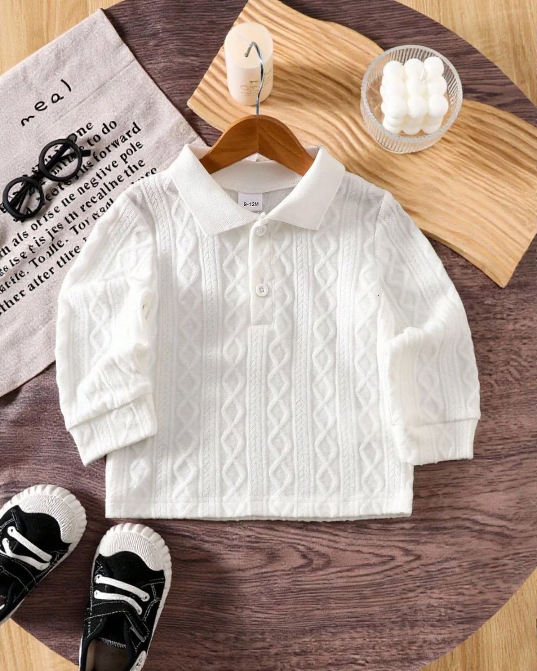 BB Unisex White Casual Long Sleeve Button Down Collar Polo Shirt | 3M - 3Y