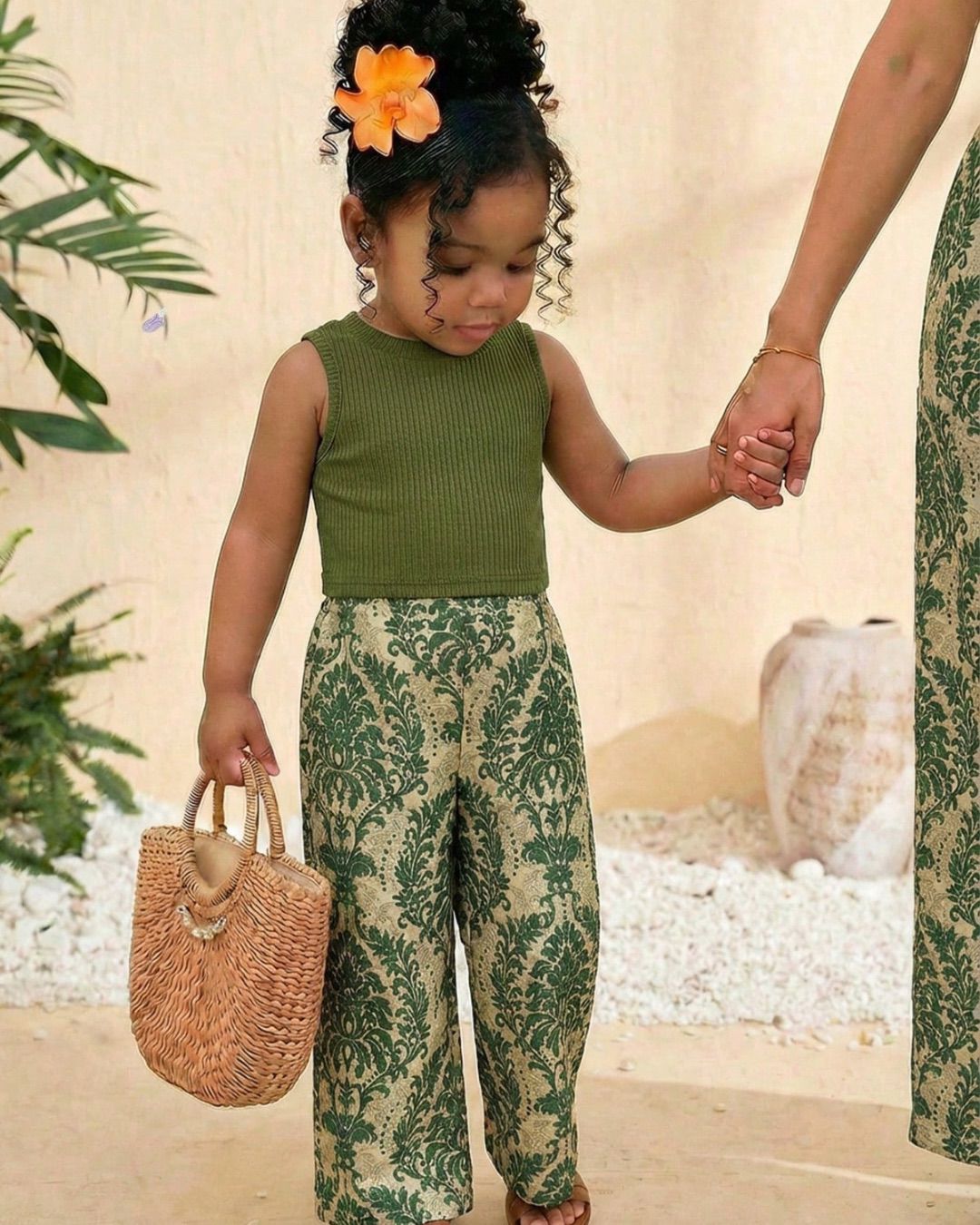 Baby Girls Ribbed Sleeveless Solid Color Top & Floral Vacation Pants Set | 6M - 3Y