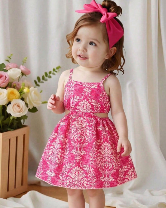 Baby Girls White & Pink Printed Dress | 6M - 3Y