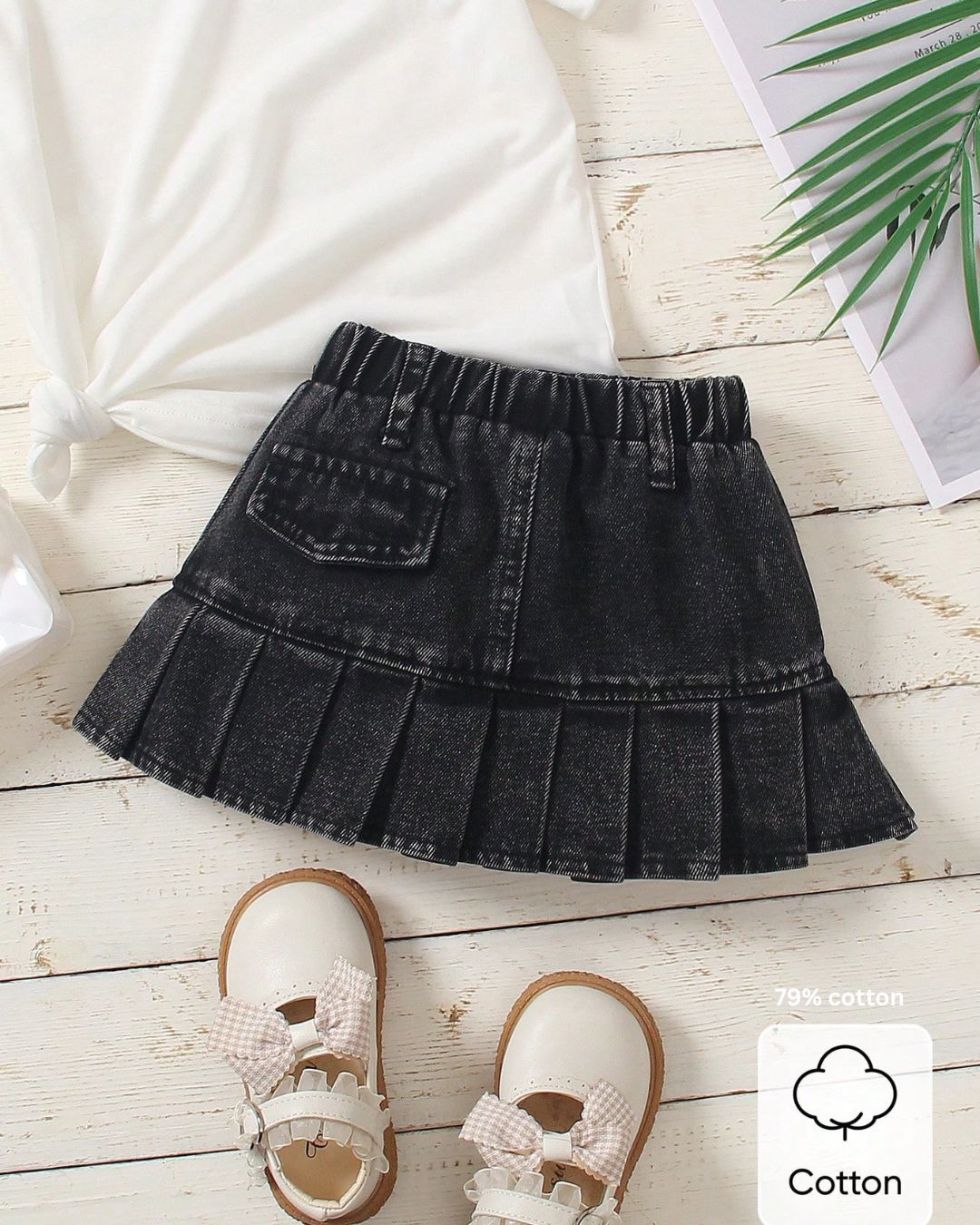 Baby Girls Flap Pocket Pleated Hem Denim Skirt | 6M - 3Y