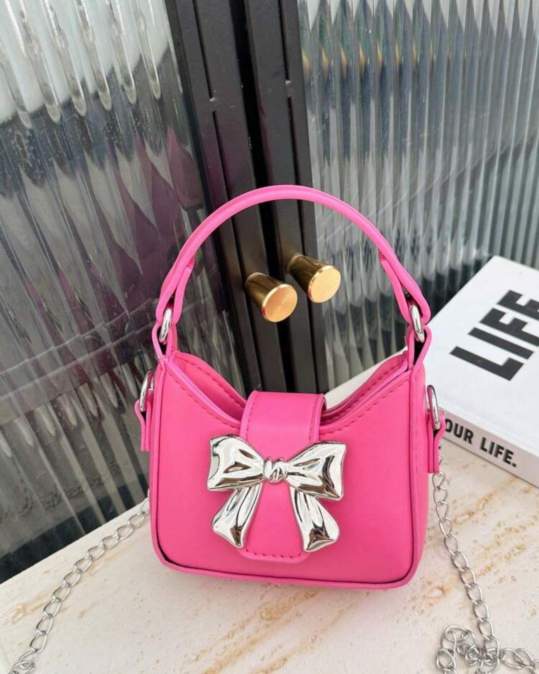 BB Silver Metallic Bow Detail Hot Pink Crossbody Bag
