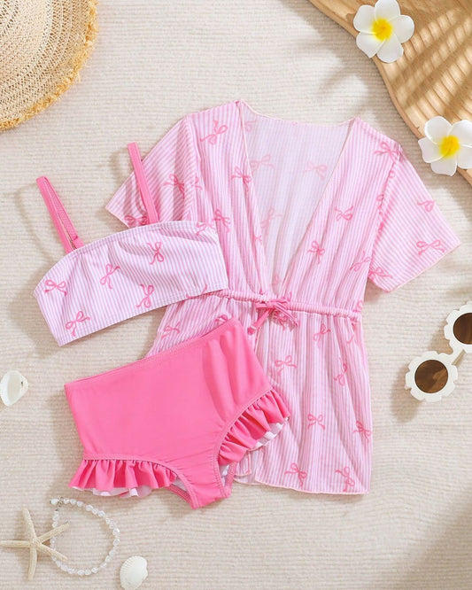 Baby Girls Pink Striped Swim Top & Pink Ruffle Swim Shorts Set With Mesh Cover-Up | 6M - 18M